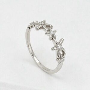 Platinum Plated Starfish CZ Ring | Dainty Ocean-Inspired Silver Tone Band
